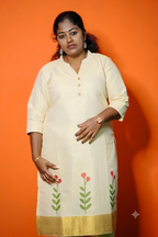 Ivory Blossom - Tissue Cotton Straight-Fit Slitted Kurti & Pants
