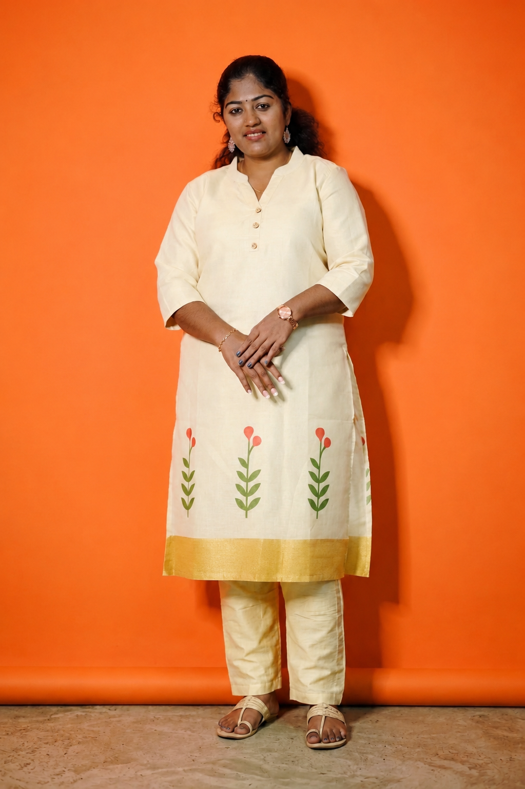 Ivory Blossom - Tissue Cotton Straight-Fit Slitted Kurti & Pants
